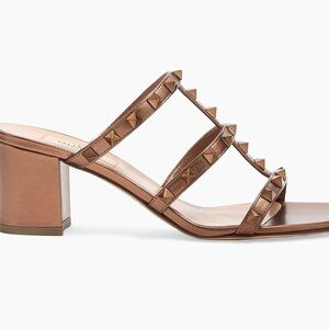 Valentino Brown Pyramid-Stud Leather Block Heel Slides